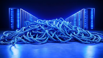 Server room cables tangle, data center, network, chaos, blue light