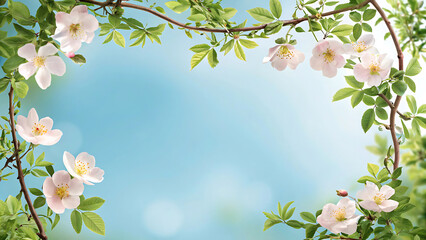 Delicate White Blossoms Frame a Soft Blue Sky Springtime Floral Arrangement for a Peaceful Natural Ambiance with Fresh Green Leaves