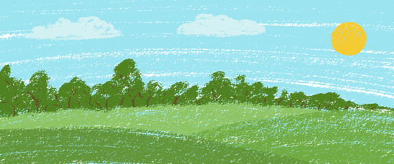 Grass and sky background. Crayon kid landscape with spring field. Vector green grass, flower, blue sky, cloud child wax pastel painting. Spring nature meadow landscape crayon illustration background.