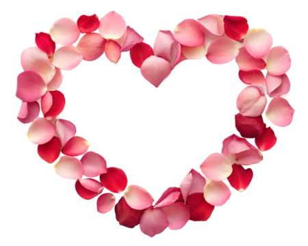 A delicate heart shape formed by soft pink and red rose petals, isolated on transparent background, creating a romantic and elegant design