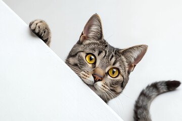 Curious tabby cat peeking over a white surface with bright yellow eyes and a paw reaching out showcasing its striped tail and whiskers