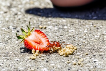 Red ant devours half strawberry on gritty pavement in bright sun. AI-generated.