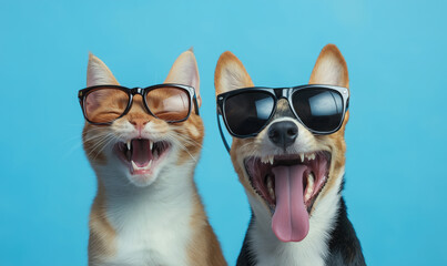 Cat and a dog wearing sunglasses pose together, both appearing to laugh joyfully against a bright blue background