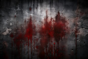 A dark textured concrete wall with dramatic splatters and drips of bright red liquid suggesting blood or paint creating a grunge and ominous atmosphere for horror themes