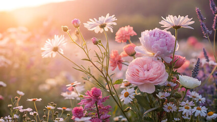 Sunlit Meadow of Flowers A Dreamy Pastel Hued Floral Arrangement in Golden Hour Light