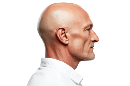 Profile view of a mature bald man with a focused expression wearing a white shirt, showcasing strong facial features and a clean appearance.