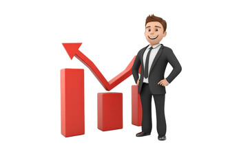 Businessman next to growth chart with arrow 3D RENDER CARTOON CHARACTER ON WHITE BACKGROUND
