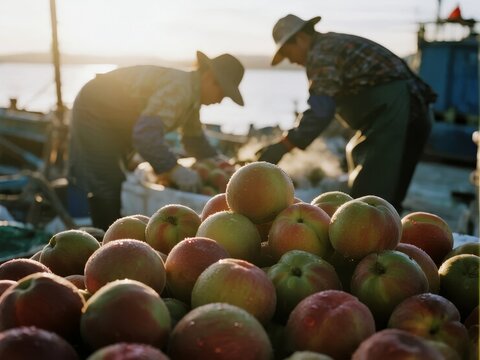 Farmers sorting fresh peaches at sunset - Powered by Adobe