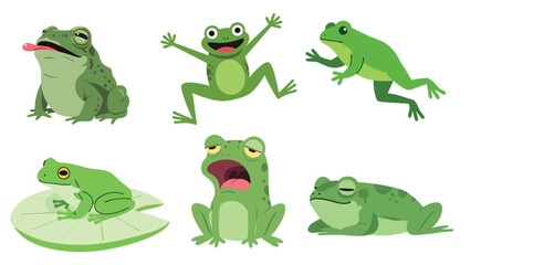 Diverse Frogs Displaying Various Emotions in Unique Poses Captured in Nature Concept Illustrations