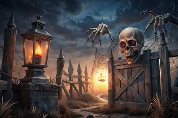 A spooky scene unfolds with a glowing candle lantern and a skeletal hand reaching from a wooden gate towards a menacing skull with glowing red eyes against a dramatic cloudy sky