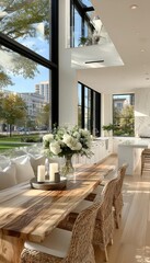 Elegant dining room, large windows, natural light, green view