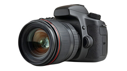 Fototapeta premium A black digital single lens reflex camera with a large lens attached on transparent background