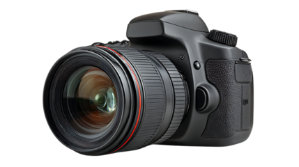 A black digital single lens reflex camera with a large lens attached on transparent background