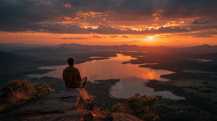 Obraz premium A tourist man sits on the rock to see amazing sunset view.