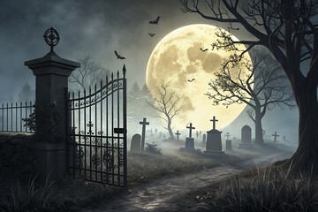 An eerie fog shrouded cemetery gate stands open under a massive full moon with silhouetted trees and flying bats creating a spooky halloween atmosphere