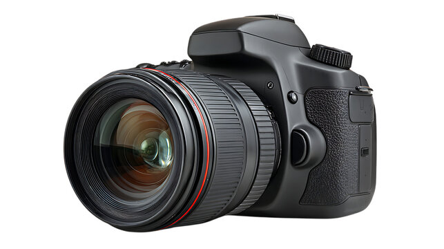 A black digital single lens reflex camera with a large lens attached on transparent background