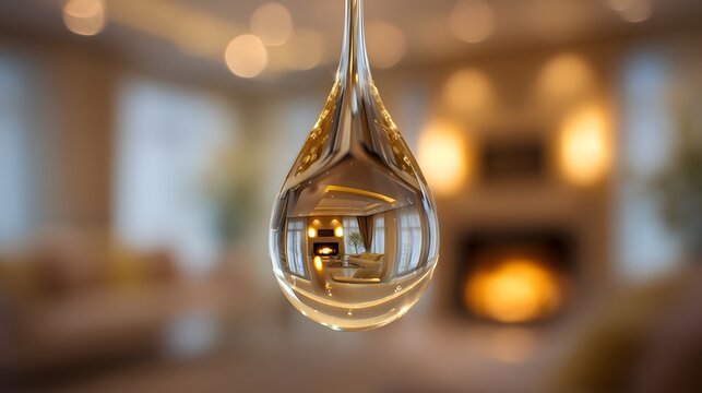 Refracted view of a cozy living room inside a water droplet