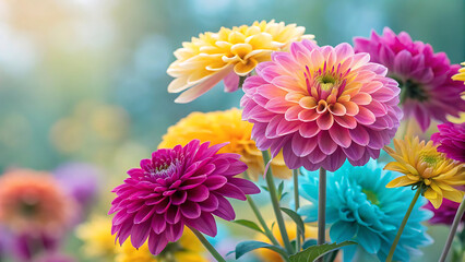 A Vibrant Garden Display of Colorful Dahlias in Full Bloom a Symphony of Pink Yellow and Aqua Hues