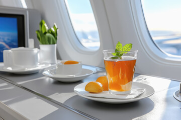 Airplane beverage service featuring a cup of tea and a plate of fresh oranges for passengers in mid-flight