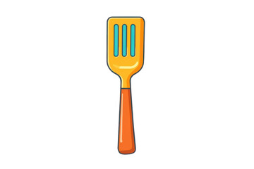 A playful bright yellow spatula with blue accents ready for flipping pancakes in a cartoon on transparent background