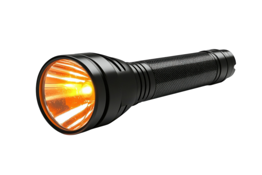 A powerful flashlight piercing the darkness guiding adventure seekers on a thrilling nighttime on transparent background