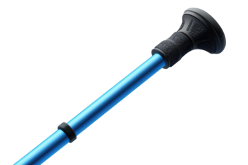 A modern blue walking cane offering stability and independence for mobility featuring an on transparent background