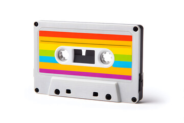 Vintage audio cassette tape with red label. Retro compact audio cassette with classic red and white label, isolated on gray background. Nostalgic music media from the 80s and 90s.