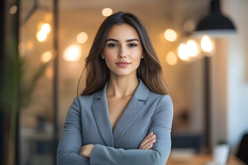 confident businesswoman standing with arms crossed, modern office background, soft lighting 
