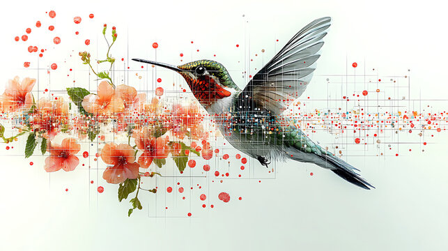 Detailed illustration of the genetic sequencing process involved in hummingbird de-extinction, presented as a visually engaging and scientifically accurate image against a white background 
