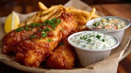 Crispy battered fish served with golden fries, creamy tartar sauce, and fresh coleslaw on a rustic plate with a lemon wedge.
