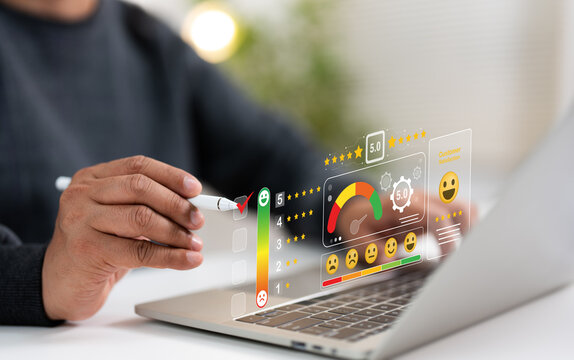 A user give rating to service experience on laptop online application, Evaluate quality of service leading to reputation ranking of business. Customer review satisfaction feedback survey concepts.