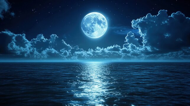 A bright full moon illuminates a calm ocean under a starry night sky with scattered clouds reflecting on the water"s surface.