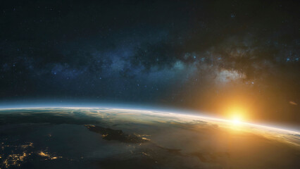 Fototapeta premium Earth from Space Capturing the Sunrise and Milky Way Galaxy Awe Inspiring Celestial Scene