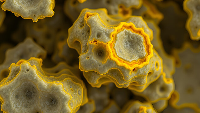 Scanning electron microscope (SEM) image of osteoclasts resorbing bone matrix, showing wrinkled borders (gold) and Howship lacunae (pits), colored with a heat map effect. 