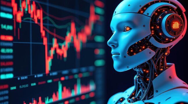 A futuristic humanoid robot analyzes fluctuating stock market graphs on a digital screen, symbolizing AI integration in finance and data analytics.