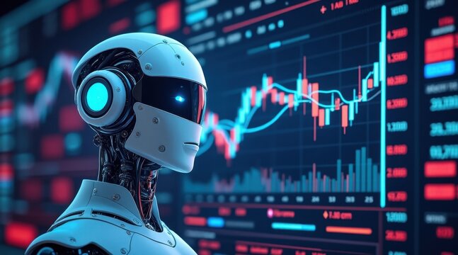 A futuristic robot with glowing blue eyes analyzes complex financial charts and data on a digital screen.