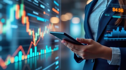A professional woman analyzes financial stock market data on a smartphone against a backdrop of digital trading charts.