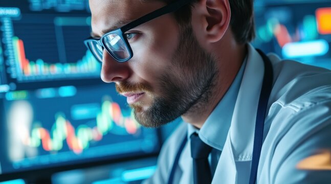 A focused man wearing glasses analyzes financial data on a digital screen, highlighting modern business analytics and technology use.