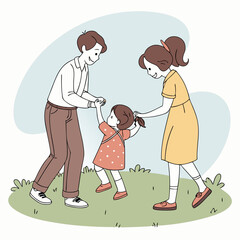 Happy Family Cartoon Outdoors – Parents and Daughter in Nature Vector