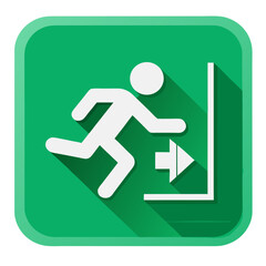 Emergency exit and pedestrian crossing signs with green running icon on road for safety and direction