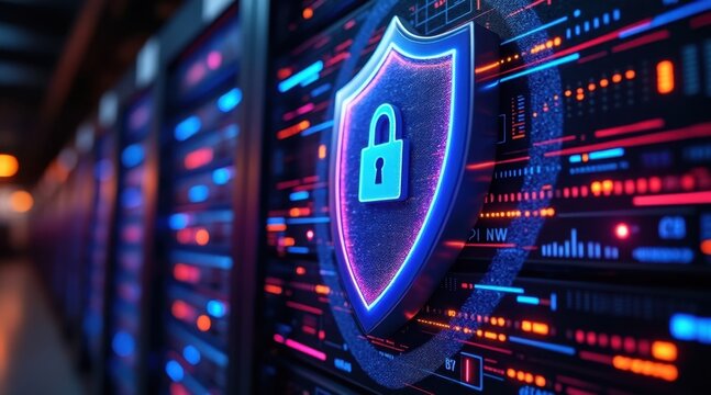 A digital shield with a lock icon symbolizes cybersecurity protection amid glowing data servers and network connections.