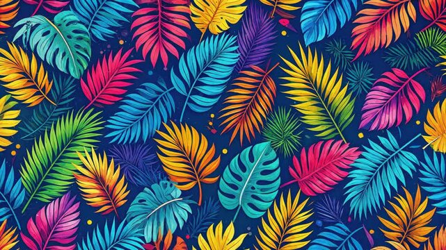 Colorful tropical leaves creating vibrant summer pattern on dark blue background.