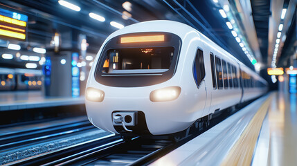 Fototapeta premium Sleek and modern futuristic train approaching a state-of-the-art train station with advanced design elements