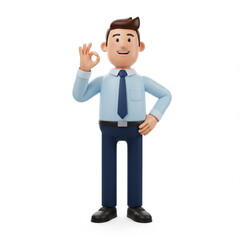 Fototapeta premium Friendly cartoon businessman wearing a light blue shirt and dark tie giving an okay gesture isolated on white background