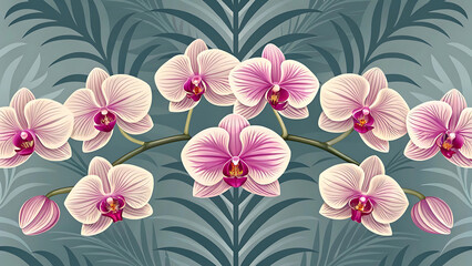 Elegant Arrangement of Pink Orchids in Full Bloom Against a Stylized Botanical Background Artistically Presented with Gentle Light and Shadow