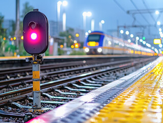 Train track displaying a red signal light indicating caution for safe passage and highlighting intelligent rail networks