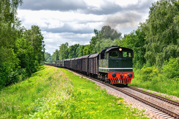 Obraz premium Military transport train traveling along a scenic track with vast landscape and clear blue sky in high definition