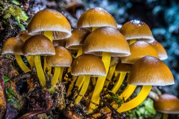 Fototapeta premium Cluster of Vibrant Yellow and Brown Mushrooms Growing Naturally on a Forest Floor with Moisture and Rich Soil