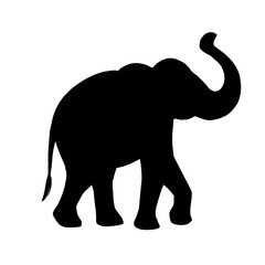 Obraz premium A simple black silhouette of an elephant with its trunk raised, set against a plain white background. The minimalist style highlights its iconic shape. Vector illustration.