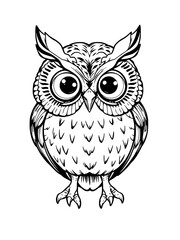 Fototapeta premium A monochrome, intricately detailed black and white cartoon owl with large eyes and bold outlines, isolated on a white background. Vector Illustration. 